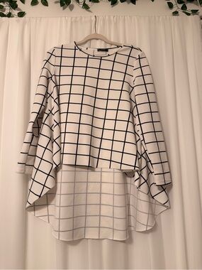 SHEIN White Dress with Black Windowpane High-Low Hem